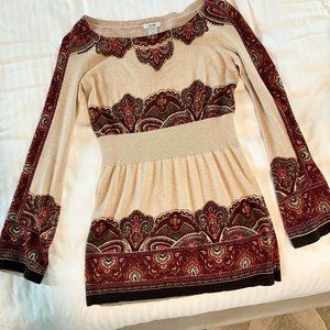 Cache tunic light sweater bohemian print red burgundy tan XS